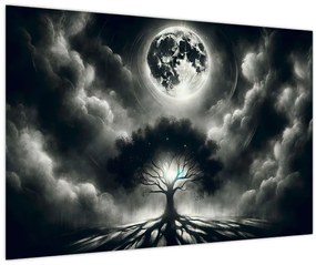 Kép – Fekete-fehér fa teliholdban (90x60 cm)