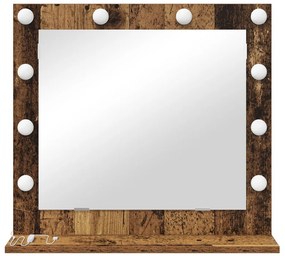 LED világítással ellátott tükör, régi fa, 60x55x18 cm