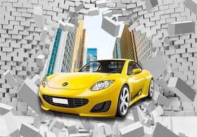 Fotótapéta flizelina Sárga sportautó áttöri a falat 300x210 +ragasztó