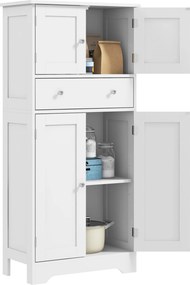 HOMCOM Modern Stílusú Konyhai Szekrény Büfé Tároló Szekrény, Felső Szekrény, Állítható Polcok, Fiók, Étkezőbe, Nappaliba, 60 x 30 x 128 cm, Fehér | Ao