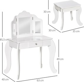 HOMCOM Gyermek Sminkasztal Puffal, Tripla Tükörrel és Gördíthető Fiókkal - Sminkasztal méretei: 63L x 40W x 85.5H cm - Fehér Akryl | Aosom