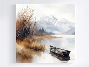 Vászonkép Canvas Tájkép Szabadtér Hegyek Tó Csónak Köd Ősz 40x40