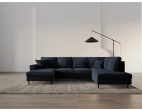 Sötétkék bársony kinyitható tárolóhelyes sarokkanapé (jobb oldali-U alakú) Kyoto – Cosmopolitan Design