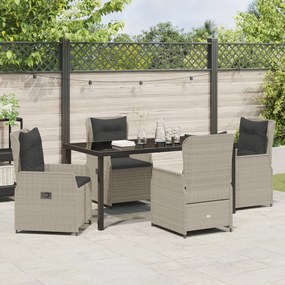 5 darabos Kerti Étkezőszett Világosszürke Poli Rattan, Kerti Asztal Fekete 160x80x73 cm Edzett Üveg