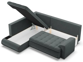 Tokio sarokkanapé, L alakú háttámlával, 2 ágyneműtartóval, bársony, baloldali, szürke