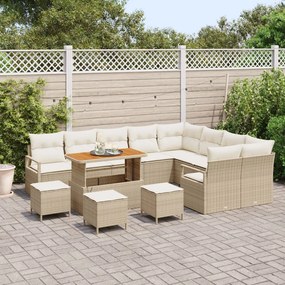 13 darabos kerti kanapé szett párnákkal bézs poly rattan akáciával, 4 darabos kerti étkező szett párnákkal bézs poly rattan akáciával, 2 személyes kerti kanapé párnákkal bézs poly rattan