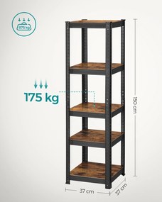 Polcos állvány, keskeny salgópolc, 80kg polconkénti teherbírással, fekete 37x37x150cm
