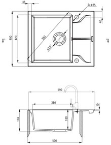 Deante Andante, gránit mosogató 590x490x194 mm + helytakarékos szifon, 1 kamrás, fekete, ZQN_N11A