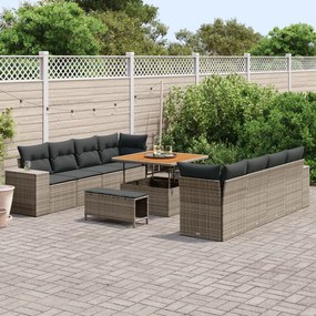 11 darabos kerti kanapészett párnákkal szürke poli rattan akác, 3 darabos kerti étkező szett párnákkal szürke poli rattan akác