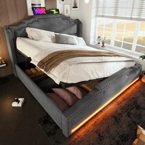 Kárpitozott ágy Usb kétszemélyes ágy Usb-c Led 160x200 szürke+Matrac