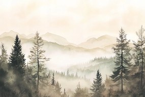 Fotótapéta Flizelina Akvarell Tájkép Hegyek Erdő Fák Köd 104x70,5 ragasztó