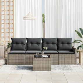 5 Darabos Kert Szófa Készlet Párnákkal Szürke Poli Rattan, 2-Személyes Kert Szófa Párnákkal Szürke Poli Rattan