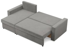 Zeus sarokkanapé, 2 ágyneműtartóval, egyenes kartámasz, bársony, univerzális oldal, hab töltet, világosszürke