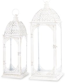 Vintage fehér szögletes 2db-os áttört fém lámpás lantern szett fogantyúval 50x17x17 / 62x22x22cm