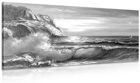 Kép tengeri hullámok a parton fekete fehérben