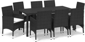 vidaXL 9 részes fekete polyrattan kerti étkezőgarnitúra párnákkal