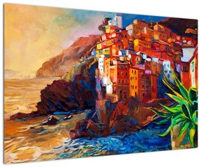 Kép - Falu Cinque Terre partján, az olasz riviérán, modern impresszionizmus (90x60 cm)