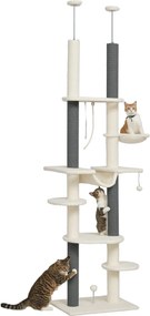 PawHut Mennyezeti Kapaszkodó Karfa, Macskafa, 225-255 cm Magasságú Karcoló, Fészkekkel, Kapaszkodó Posztokkal, Kosárral, Játékfallal, Macska Bútor Bil