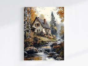 Vászonkép Canvas Tájkép Ősz Erdő Ház Kunyhó Folyó Vízesés 60x80