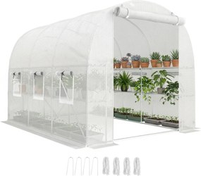 Outsunny PE alagút üvegház polcokkal, feltekerhető cipzáras ajtóval, 6 hálós ablakkal, merevítő rudakkal, UV-álló takaró, fehér (198 × 275 × 191 cm) |