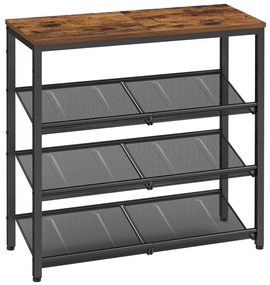 Cipőtároló polc, 4 szintes, állítható hálós polcokkal, rusztikus barna 75x28x72cm