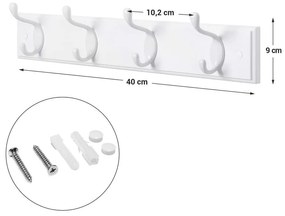 Fali fogas 4 fém kampóval, 40 x 7 x 9 cm, fehér