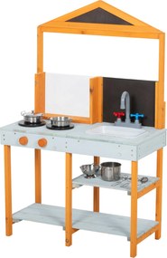 AIYAPLAY kültéri sáros játékkonyha, fa tűzhellyel, levehető mosogatóval és polcokkal — 4 rozsdamentes tál és 3 lapát, 3–8 éveseknek, világoskék | Aoso