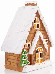 LED-es karácsonyi barna tégla házikó ünnepi fenyőfával havas tetővel asztali dekoráció 23x19x10cm