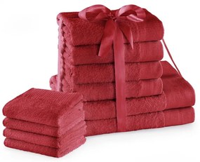 Piros frottír pamut törölköző és fürdőlepedő készlet 10 db-os Amari – Restilo