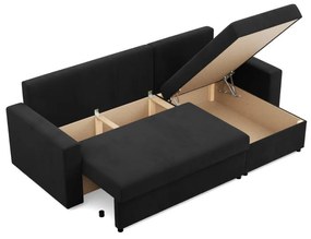 Zeus sarokkanapé, 2 ágyneműtartóval, egyenes kartámasz, szövet anyag, univerzális oldal, hab töltet, fekete