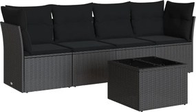 vidaXL 5 részes fekete polyrattan kerti kanapészett párnákkal
