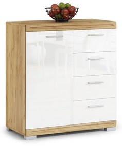 Mazzoni SIMPLE KD1SZ4 keskeny komód Arany Tölgy/Fehér Fényes - KOMÓD NAPPALIBA 4 FIÓKOS