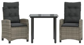 vidaXL 3 részes szürke polyrattan kerti étkezőgarnitúra párnával