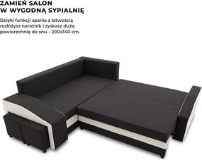 Grande sarokkanapé polcokkal és puffokkal , polc a jobb karfaban puffok a bal karfaban, baloldali, szövet anyag, hab töltet, fekete - fehér