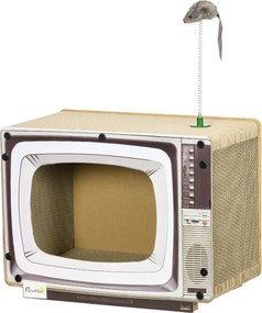 PawHut TV formájú Karton Macska Kaparó Egér Játékkal, 43x23x32.5 cm Homokszínű | Aosom