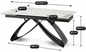 Luigi kerámia kihúzható asztal 160–240 cm, fehér márvány/fekete színben