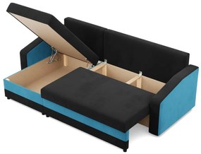 Hewlet sarokkanapé, 2 ágyneműtartóval, szövet anyag, univerzális oldal, bonell töltet, fekete - kék