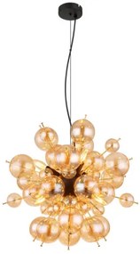 Globo 15633HA Függeszték fém fekete matt, fém arany színű, borostyán színű üveggömbök, fekete PVC kábel, magassága rövidíthető, ø: 550mm, M: 1200mm, üveggömbök átmérője: 24 x 6 cm, 24 x 10 cm, 6x E14 25W 230V izzók nélkül