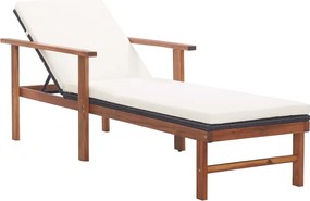 vidaXL fekete polyrattan és tömör akácfa napozóágy párnával