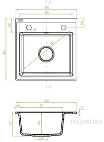 Laveo Trzynastka, 1 kamrás gránit mosogató 440x440x173 mm, fekete foltos, LAV-SBP_710T