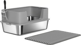 PawHut rozsdamentes acél nyitott macskaalomtálca lapáttal, magas peremmel és szőnyeggel, XXL — macskák számára akár 7 kg-ig (60,2 x 40,2 x 29,5 cm), s