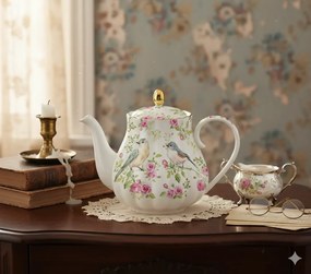Vintage rózsás porcelán teáskanna arany szegéllyel
