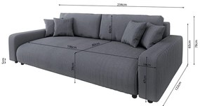 Sötétszürke kordbársony kinyitható tárolóhelyes kanapé 234 cm Sara – Ropez
