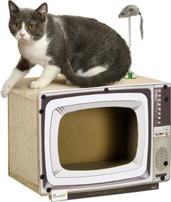 PawHut TV formájú Karton Macska Kaparó Egér Játékkal, 43x23x32.5 cm Homokszínű | Aosom
