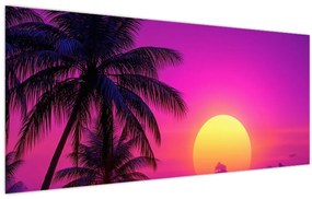 Kép - Lila naplemente pálmafával (120x50 cm)