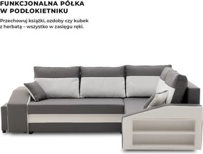 Grande sarokkanapé polcokkal és puffokkal , polc a jobb karfaban puffok a bal karfaban, jobboldali, szövet anyag, hab töltet, szürke - fehér