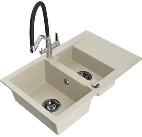 Mexen Gaspar gránit mosogatótálca 1,5-medencés csepegtetővel és Duo konyhai csapteleppel, bézs - 6507-69-671701-07-B