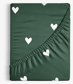 Goldea karácsonyi pamut körgumis lepedő - szívecskék, sötétzöld alapon 90 x 200 cm