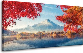 Vászonkép Színes Levelek Város Hegy Víz 80x40 cm