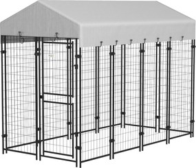 PawHut Kültéri Kutya Kennel, Nagy Fém Kutya Ketrec Anti-UV Vízálló Tetővel és Kétrekeszes Ajtóval, 239x121x183cm, Ezüst | Aosom
